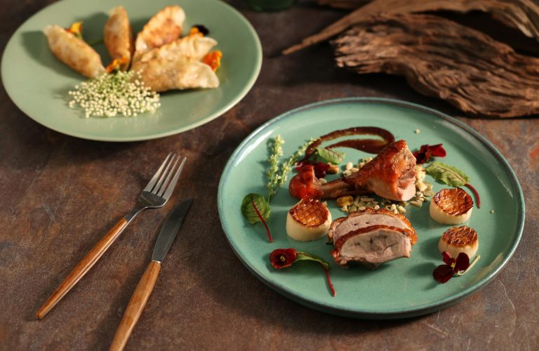 Delicious gourmet goose leg and dumplings plated artistically in a fine dining setting.