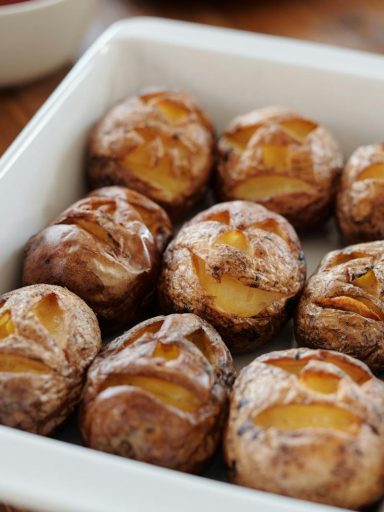 Tray of baked potatoes with carved Halloween faces, perfect for festive meals.