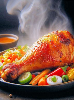 ai generated, chicken, food, hot, steamy, vegetable, leg, plate, sauce