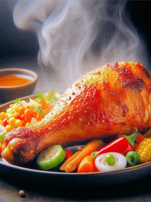 ai generated, chicken, food, hot, steamy, vegetable, leg, plate, sauce