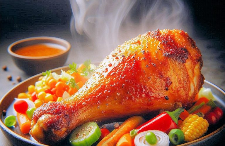 ai generated, chicken, food, hot, steamy, vegetable, leg, plate, sauce